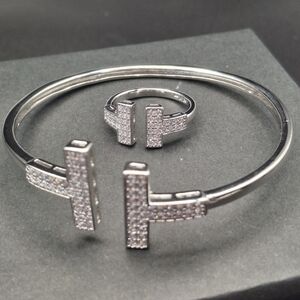 Sterling Silver Pavé 'T' Cuff Bracelet and Ring Set - Silver